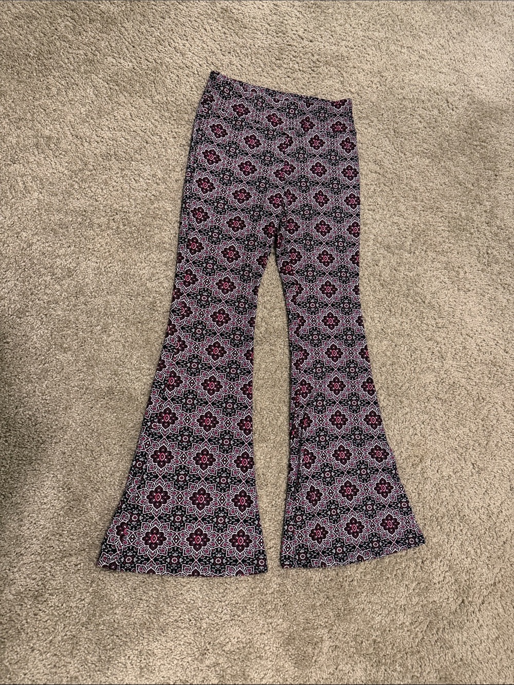 No Boundaries Floral Medallion Flare Pants in Black and Purple